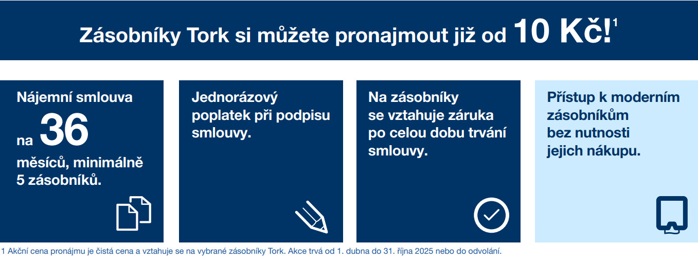 Pronájem zásobníků Tork již od 10,- Kč
