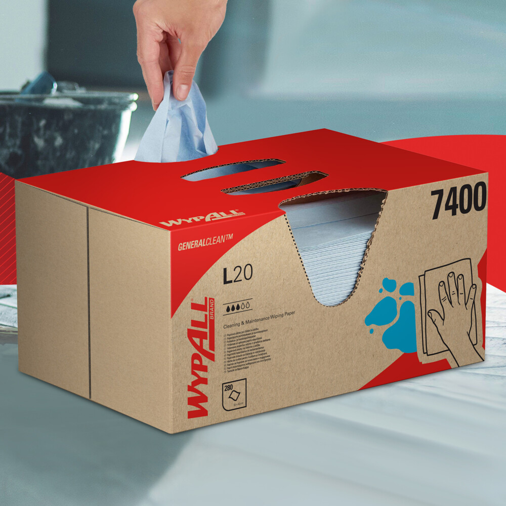 WypAll® L20 průmyslové utěrky skládané v Brag Boxu, 2vrstvé - modré