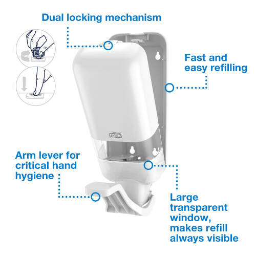 Tork zásobník na mýdla a dezinfekční prostředky s loketní pákou, bílý